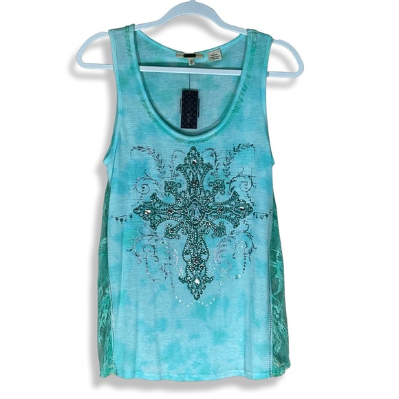 Miss Me Tops - MISS ME Aqua Blue Lace & Rhinestone Cross Tank Top Medium NWT